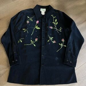 Quacker Factory Black Velvet Roses Shacket Embroidery L Shirt Bling Country Core